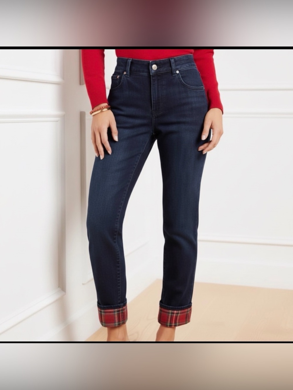 Talbots Dark Tartan Trim Everyday Relaxation cropped Jeans with Red Plaid Cuff